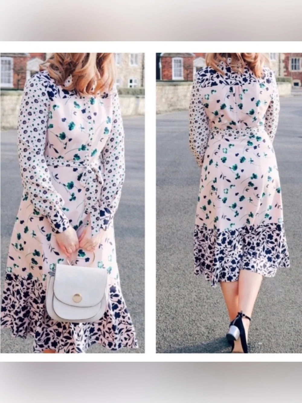 Boden Sybil Long Sleeve Floral Midi Dress Pink Green Button Collared Size‎ 8